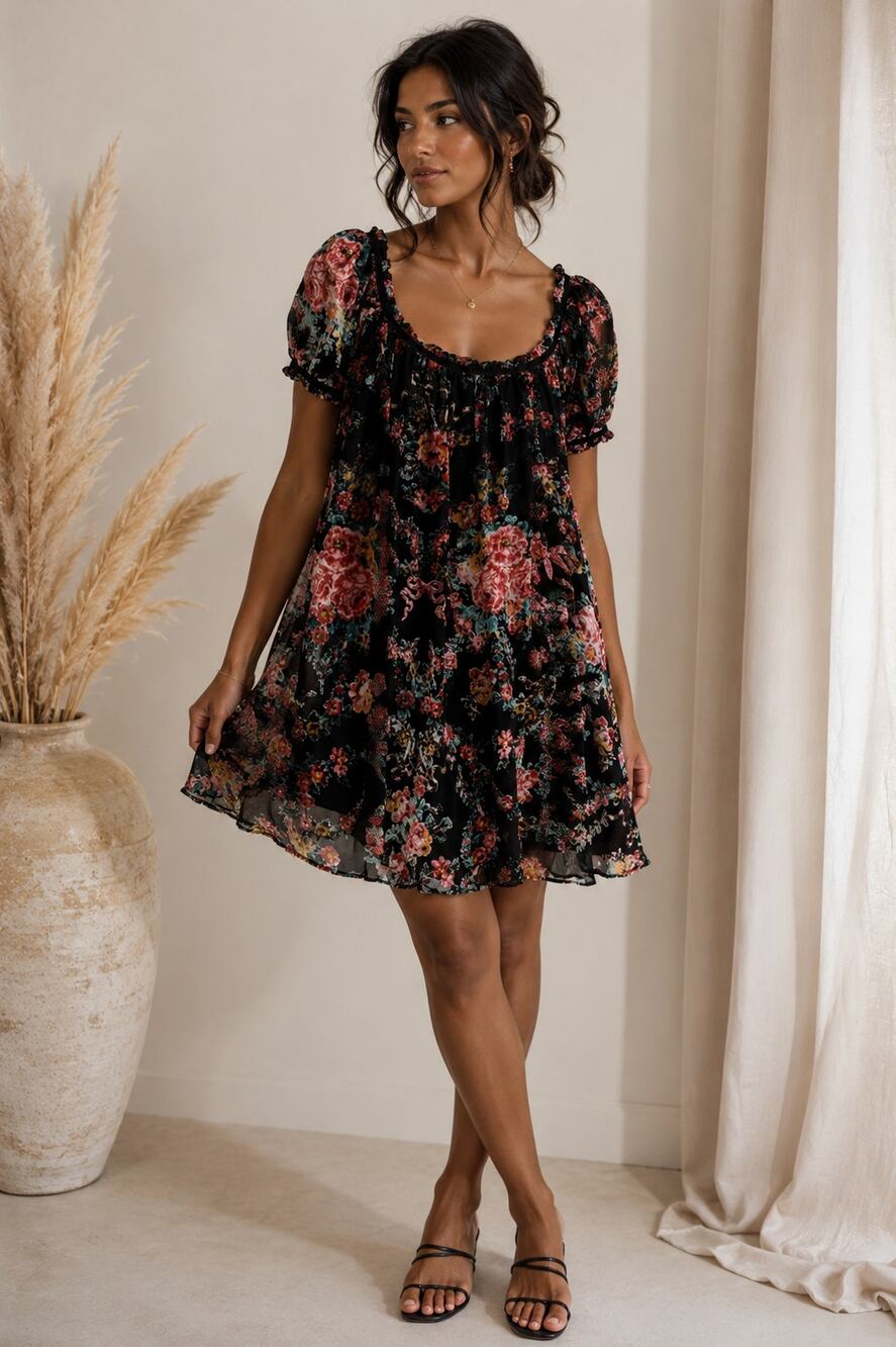 Free People "Beautiful Blooms" Velvet Floral Babydoll Mini Dress